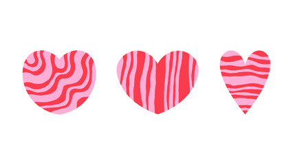 Striped Heart Shape Set. Modern minimal textured love symbols. Trendy hand drawn Valentine template collection. Flat vector illustration