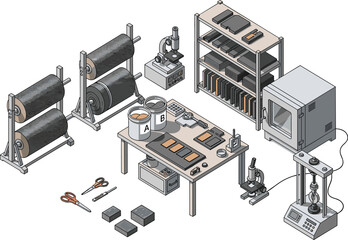 Comprehensive Materials Testing Laboratory with Sample Preparation, Inspection Tools, Mechanical Analysis Equipment, and Environmental Chamber for Scientific Research Workflow