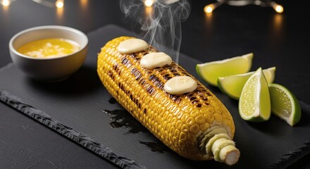 Steaming grilled corn on the cob with melted butter and fresh lime wedges served on a dark slate plate.