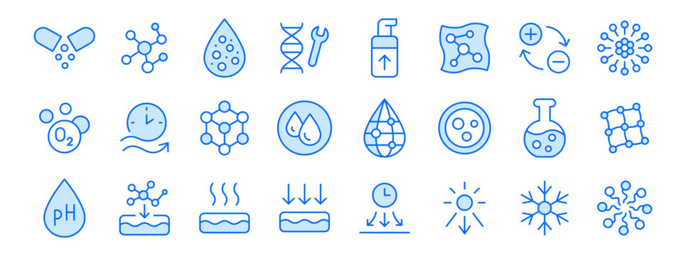Skincare line icon set. DNA repair, liposome, airless pump cream bottle, cryo technology minimal vector illustrations. Simple outline signs for cosmetic science. Blue color. Editable Stroke
