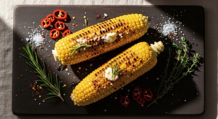 Grilled corn on the cob with butter, herbs, salt, and chili flakes on a dark plate.