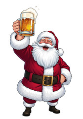 Robust santa claus in crimson velvet suit laughing heartily, holding a frothy golden ale in a glass stein, centered on a transparent background. concept of joyful holiday celebration
