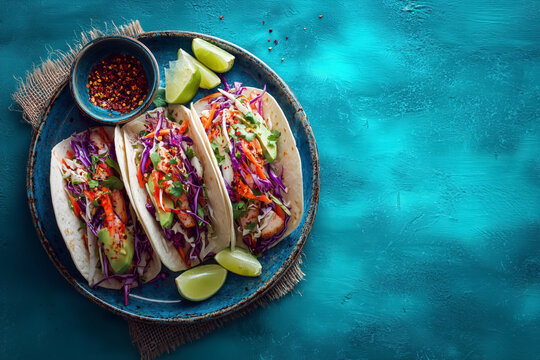 Delicious shrimp tacos with fresh avocado and vibrant slaw on a bright turquoise surface - a perfect meal for your restaurant promotion or food blog
