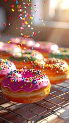 Vibrant Donuts with Rainbow Sprinkles Falling in Sunlight