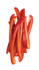 Red bell pepper strips falling on transparent background 
