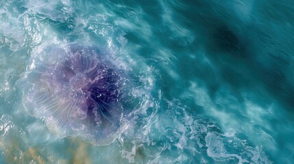 Aerial view of a jellyfish swimming in the ocean. the jellyfish is in the center of the image, with its body partially submerged in the water.