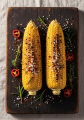 Two grilled corn cobs on a wooden board with herbs and spices.