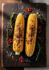Two delicious grilled corn on the cob seasoned with fresh herbs, salt, and chili peppers on a rustic wooden board.