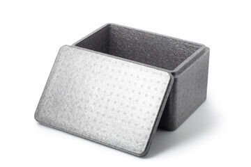 Empty gray styrofoam box with lid on white background