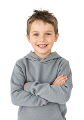 a seven-year-old caucasian boy with light brown hair, wearing a heather grey hoodie, crosses his arms and smiles broadly against a white studio background, concept of youthful confidence and happiness