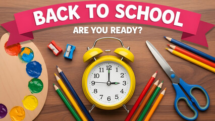 Bright yellow alarm clock surrounded by school supplies ready for back to school season