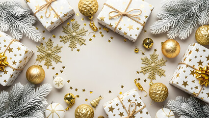Festive christmas flat lay with golden ornaments and snow dusted fir branches arranged in a circle