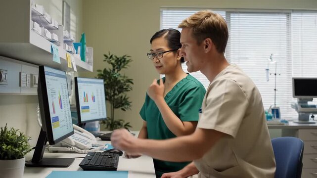 Two medical professionals seated at desk interacting with computer monitors displaying data charts in clinical office setting
