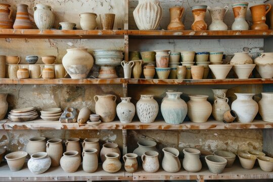 Wooden shelves holding various pottery pieces in a workshop, showcasing craftsmanship and artistic expression