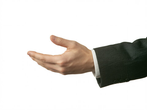 Offering opportunity with open hand from confident businessman in suit against white background for partnership, investment, or support