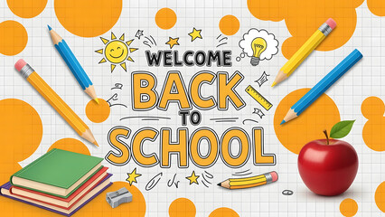 Welcome back to school illustration with pencils books apple and bright sunny elements