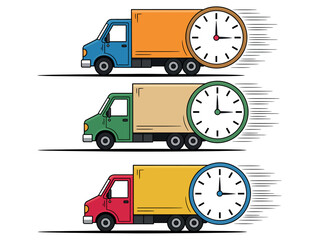 Three colorful trucks with clocks on their sides are depicted moving quickly, symbolizing fast delivery services.