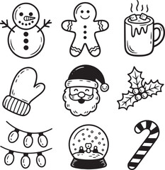 Hand Drawn Christmas Doodle Vector Set Cute Winter Holiday Icons Collection Snowman Santa Claus, Gingerbread Cocoa Mittens and Candy Cane