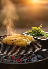 Three ears of corn grilling on a barbecue with smoke rising, set against a warm sunset.