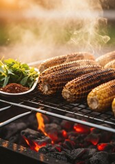 Grilled corn on the cob with smoke rising from hot coals, alongside herbs and spices on a plate.