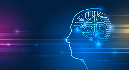 Fototapeta premium A glowing digital silhouette of a human head with a circuit-style brain, symbolizing artificial intelligence, neural networks, and futuristic technology on a vibrant blue background.