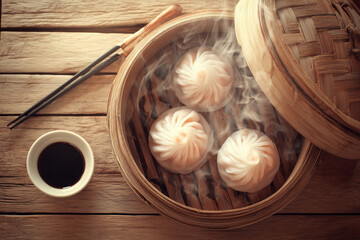 Steaming dumplings in a bamboo steamer basket, served with soy sauce and chopsticks on a rustic wooden table, inviting and flavorful asian cuisine