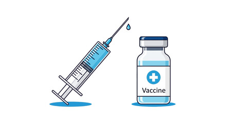 Vaccine syringe  vial w vaccine label Blue liquid whitegray elements on white background © rahim