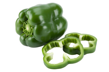 Fresh green bell pepper with slices on transparent background 
