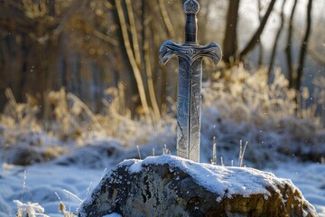 Naklejka premium Mysterious sword in stone with light snow falling in winter forest