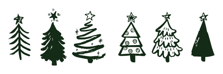 Christmas tree silhouette clipart set. Black Christmas tree drawing clip art collection in white background for xmas season pine tree flat icon decoration vector illustration.