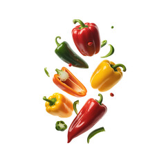 Colorful bell peppers and jalape o in mid air isolated on transparent background 
