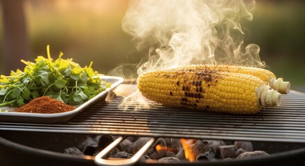 Close-up shot of grilled corn on the cob with herbs and spices on a plate.