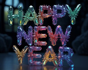 Colorful crystal happy new year text on a dark background for celebration
