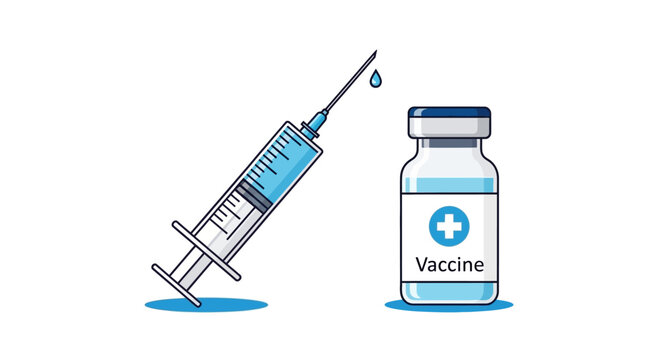 Vaccine syringe  vial w vaccine label Blue liquid whitegray elements on white background