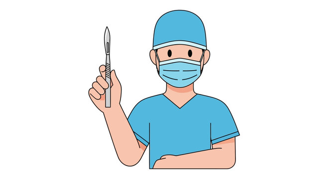 A cartoon surgeon in blue scrubs holds a scalpel wearing a mask and surgical cap