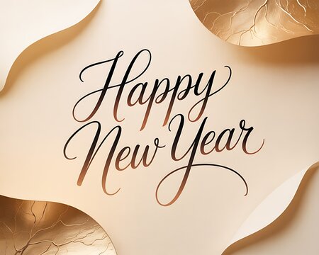 Elegant happy new year calligraphy with gold accents on a cream background