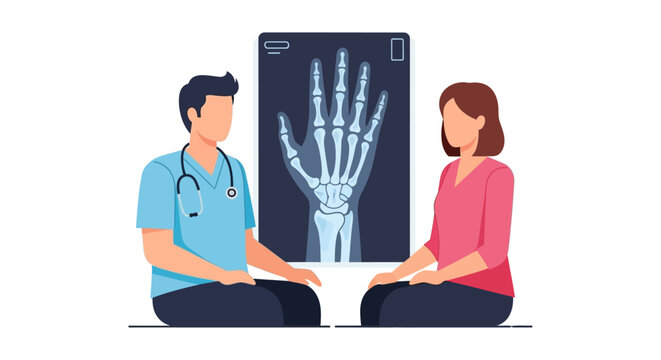 A doctor reviews a hand xray with a patient both seated on the floor