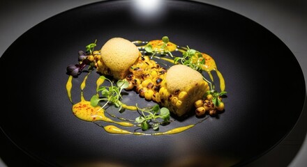 Elegant dish with two golden spheres and sauce on a black plate.