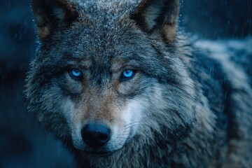 Fototapeta premium Majestic alpha wolf stands proudly in a snow-laden forest with mesmerizing blue eyes and a realistic fur coat during a cold winter evening