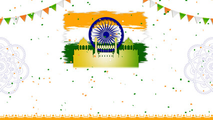 Indian Flag Brush Stroke Design with Red Fort and Confetti