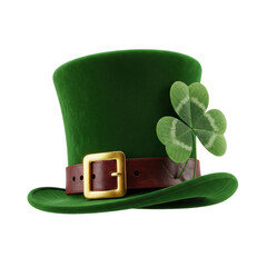 A hyper-realistic 3d rendering of a rich emerald green velvet leprechaun top hat with a gold buckle and dew-kissed shamrock clover, isolated on white; high-end st. patrick's day concept