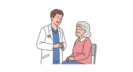 Doctor conversing with an elderly woman in a pink sweater sitting on a grey chair