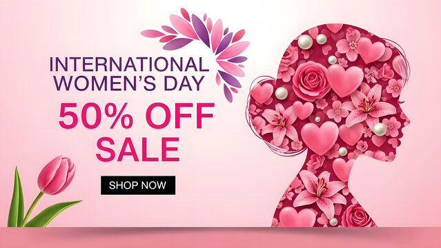 International womens day 50 percent off sale promotion with floral silhouette and tulip flower - Powered by Adobe