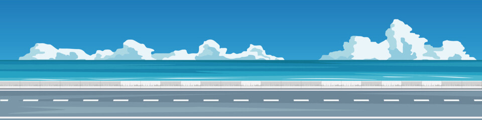 Fototapeta premium Landscape banner background of long stretch of asphalt road. Wide coastal road with concrete seawalls. Vast blue sea in summer. Under blue sky and white clouds. Clean and empty space background.