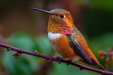 Fototapeta premium Allens hummingbird perched on branch showcasing vibrant feathers in natural environment during the afternoon light in a tranquil garden