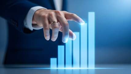 Hand touching digital data measuring business growth performance.