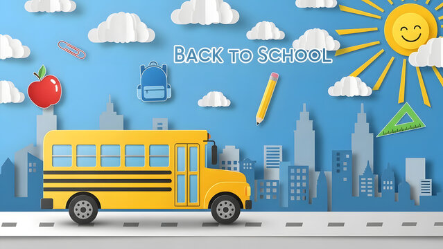 Bright yellow school bus driving through a city skyline on a sunny day with back to school elements