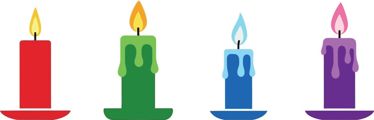 A series of four brightly colored candles in red green blue and purple