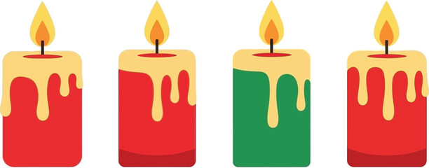 Four dripping wax candles in red green and yellow hues