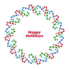 Holiday wreath made of candy canes in red-white, green-white, and blue-white stripes. Arranged in a circular, symmetrical layout with bold red Happy Holidays text in the center
